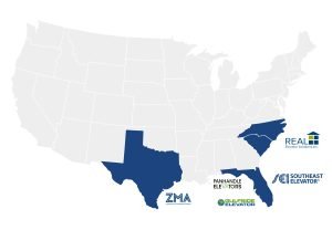 Map of the United States highlighting the states with Southeast Elevator divisions.