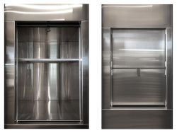 open and closed views of a stainless steel dumbwaiter with bi-parting doors