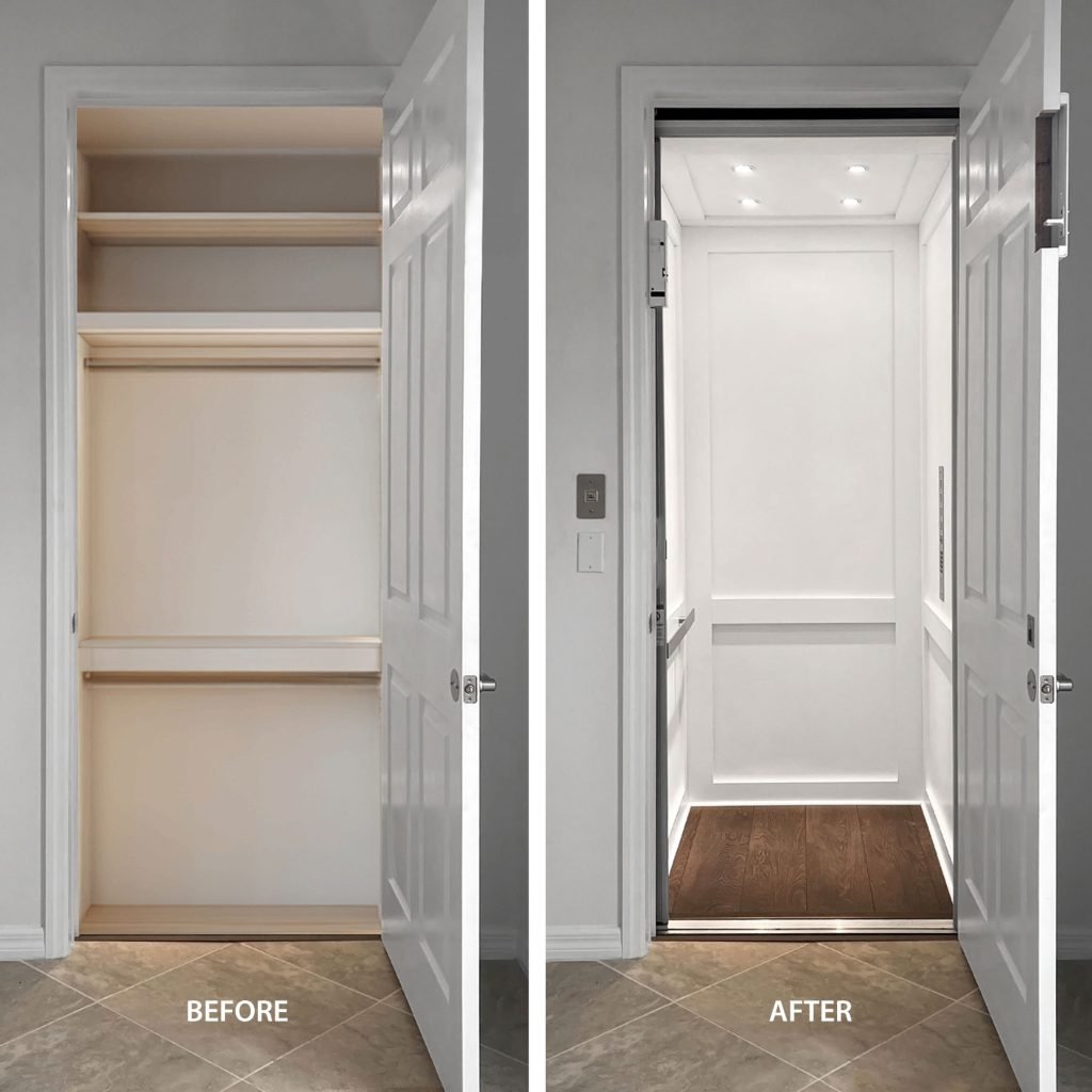 Before and after image of remodeling a home to add an elevator.