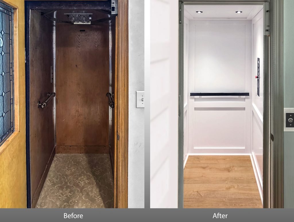 Before and after comparison photo. Replacing an old residential elevator with a modern, shaker-style elevator.